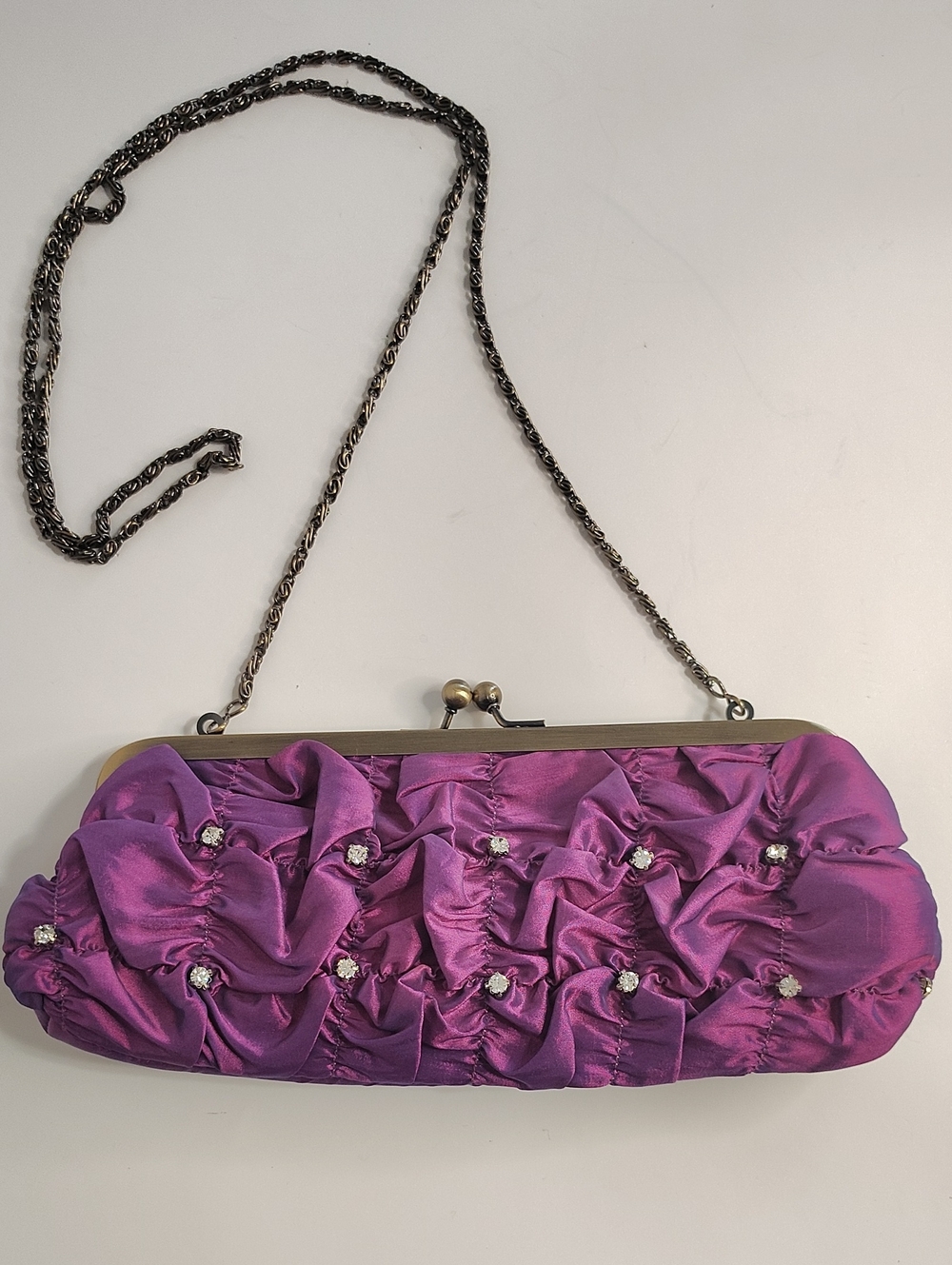 Purple Sharkskin Ruffled Evening Clutch with Rhinestones and Chain Strap